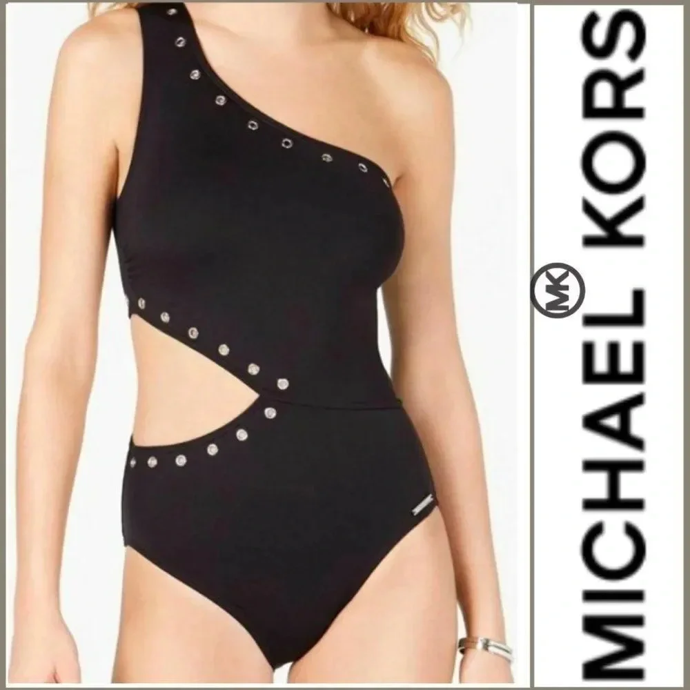 Michael Kors Women's Black Cutout one Piece Gold grommet accent Swimsuit Size 10